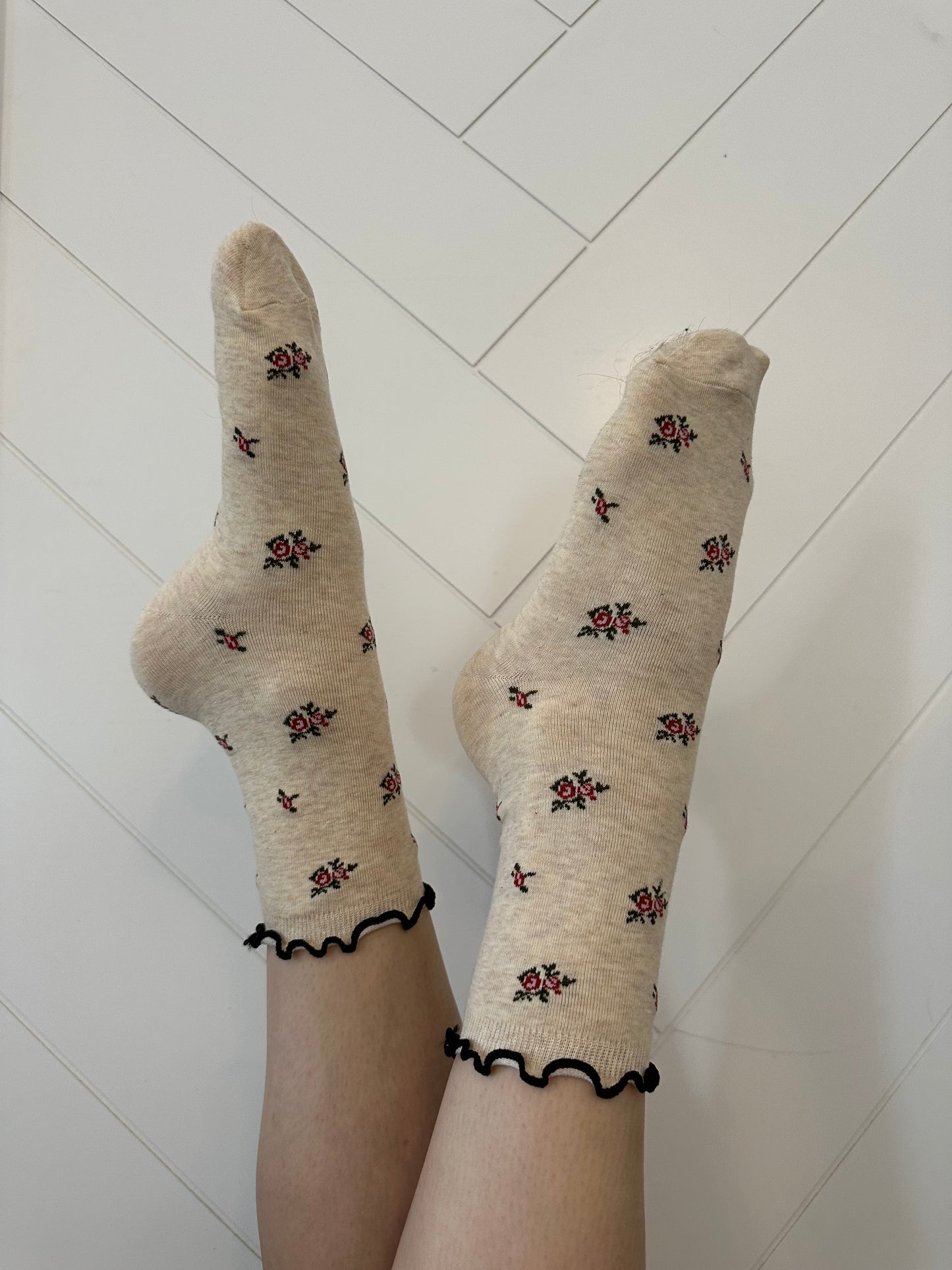 Beige & Rose Ruffle Socks